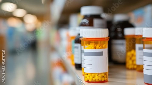 Wallpaper Mural A close-up of neatly aligned amber and white pill bottles with labels facing forward, highlighting pharmaceutical order and efficiency. Torontodigital.ca
