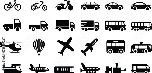 Transportation icon set with land, air, and water vehicles including cars, trucks, motorcycles, boats, trains, airplanes, and space shuttle, vector silhouette artwork