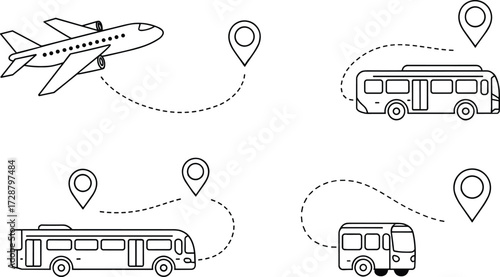 Travel route icons with airplane, buses, dotted paths, and location pins, transportation illustration for logistics, transit 