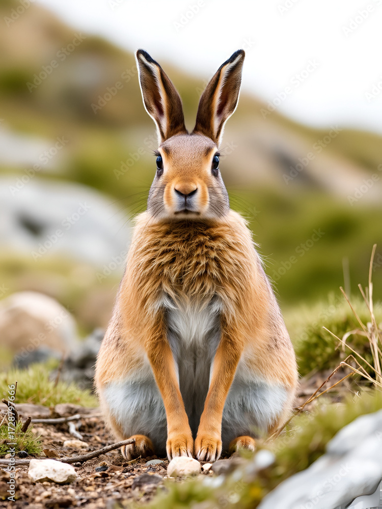 Obraz premium Mountain Hare sitting up in a natural outdoor environment. Animal front portrait.