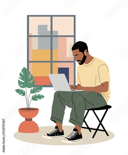 Black African American man in casual clothes sitting on chair, working on laptop with potted plant and city window view. Flat colorful vector illustration of freelance remote work concept