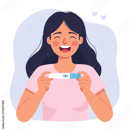 Smiling woman holding pregnancy test with positive result, she feels happiness, joy and excitement. Woman is preparing to become a mother. 