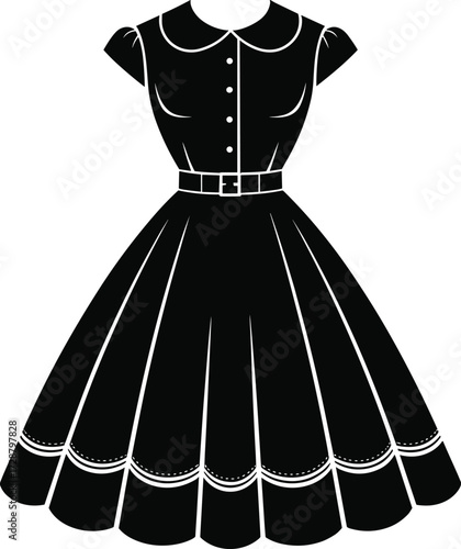 Vintage black dress with Peter Pan collar, button-down front, scalloped hemline, white trim accents, fashion illustration for retro garment design, vector outfit artwork