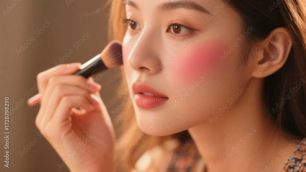 Fototapeta premium Close-up of applying Makeup. Getting ready. Cosmetics. Woman. Beautiful. Makeup in progress.