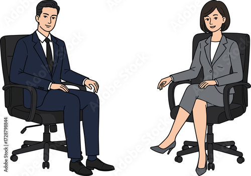 Business interview scene with professional office attire, corporate meeting, HR recruitment, workplace communication, career discussion, job application concept illustration