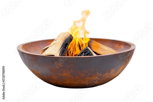 Round fire pit bowl with glowing fire isolated on transparent background