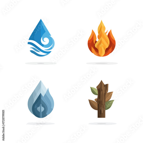 Graphic depiction of four elements water, fire, air, and earth on a white background