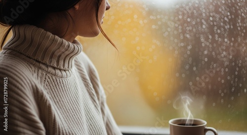 Tranquil indoor scene Woman in cozy knit sweater sips steaming drink, gazing thoughtfully out a rainy window, embracing a moment of peaceful reflection