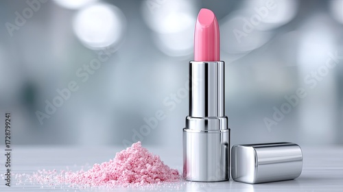 Pink Lipstick with Silver Tube on White Surface with Pink Powder in Blurry Background