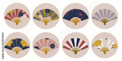 Collection of eight decorative oriental fans with floral and abstract patterns in a muted color palette