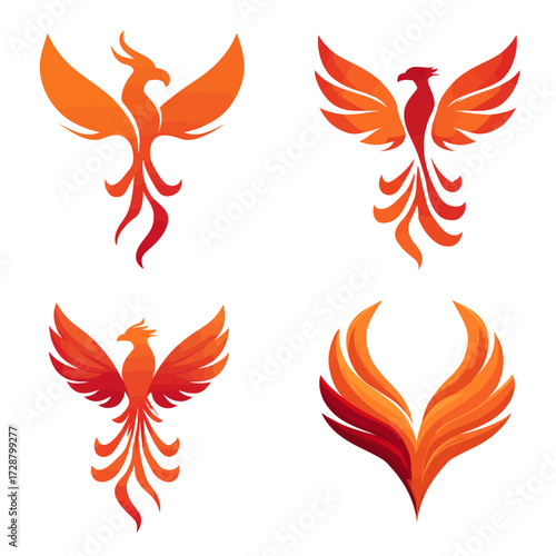 Four stylized phoenix illustrations in shades of orange and red, set on a white backdrop