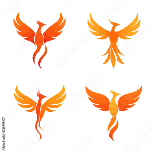 Four stylized orange phoenix birds with different wing and tail feather designs on white
