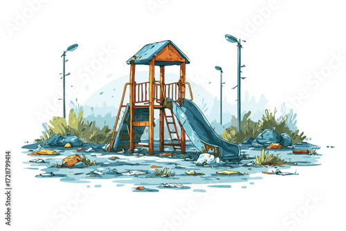 Dilapidated Playground Surrounded by Litter colorful isolated