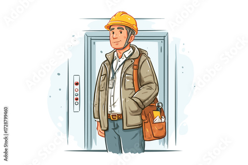 Elevator inspector at work builder isolated