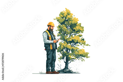 Forestry technician at work woods isolated