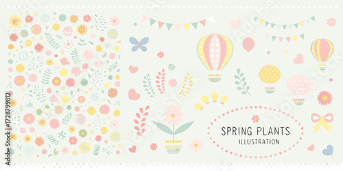 Collection of cute spring themed illustrations with flowers hot air balloons and butterflies