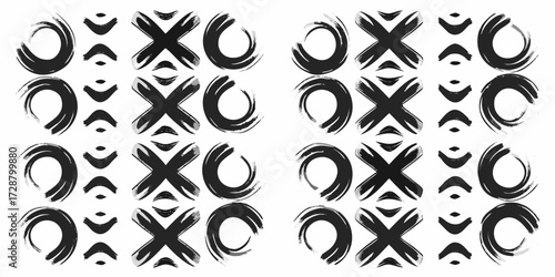 Abstract black and white brush stroke pattern of tic tac toe game symbols and abstract shapes