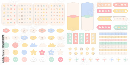 Collection of cute pastel colored planner stickers and graphic elements for journaling and scrapbooking