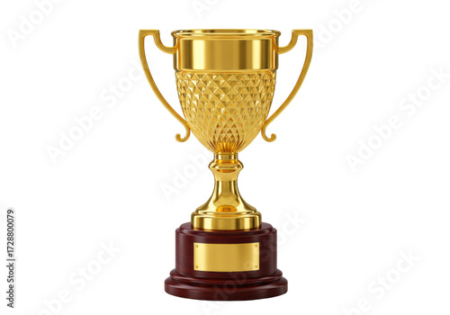 Isolated Golden Trophy Cup, Decorative Award with Wooden Base and Small Blank Label