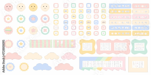 Collection of cute pastel doodle elements for journaling and scrapbooking with smiley faces clouds and decorative shapes