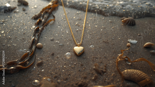 Heart Necklace on Beach Sand with Seashells