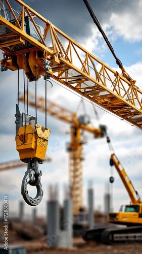 Construction site showcases cranes and lifting machinery during afternoon in urban area