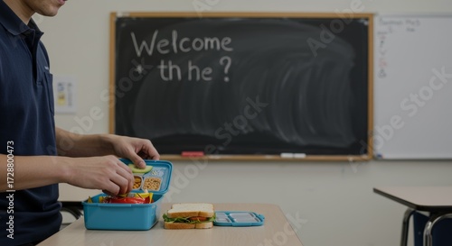 Student's Lunch Break: A student is packing a healthy lunchbox with sandwich and fruit in a classroom setting, with Welcome written on the blackboard.