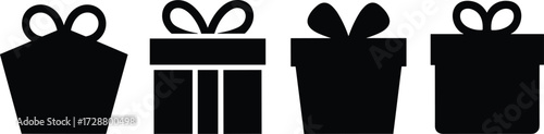 Black silhouette illustration of multiple gift boxes with ribbons and bows, festive present icons, holiday decoration design, celebration package elements isolated