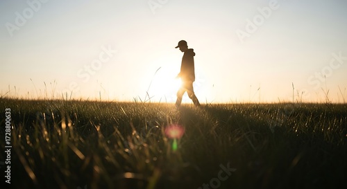 Wallpaper Mural Silhouette of a person walking alone through a grassy field during a golden sunset. Torontodigital.ca