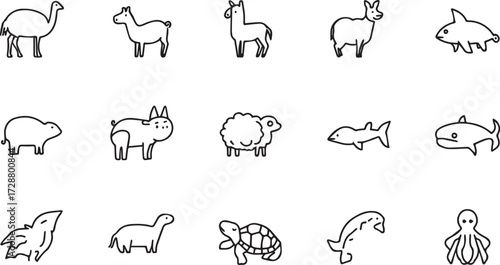 Vector line art set of wild and domestic animals including elephant, horse, bear, kangaroo, dolphin, squirrel, rabbit. EPS-ready for nature, education, and wildlife themes.