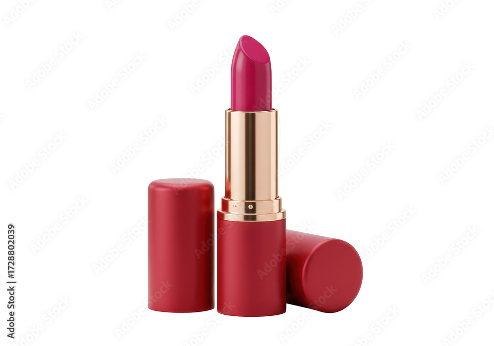 Obraz premium Isolated beauty shot of a red lipstick tube with the top off laying next to it, no background