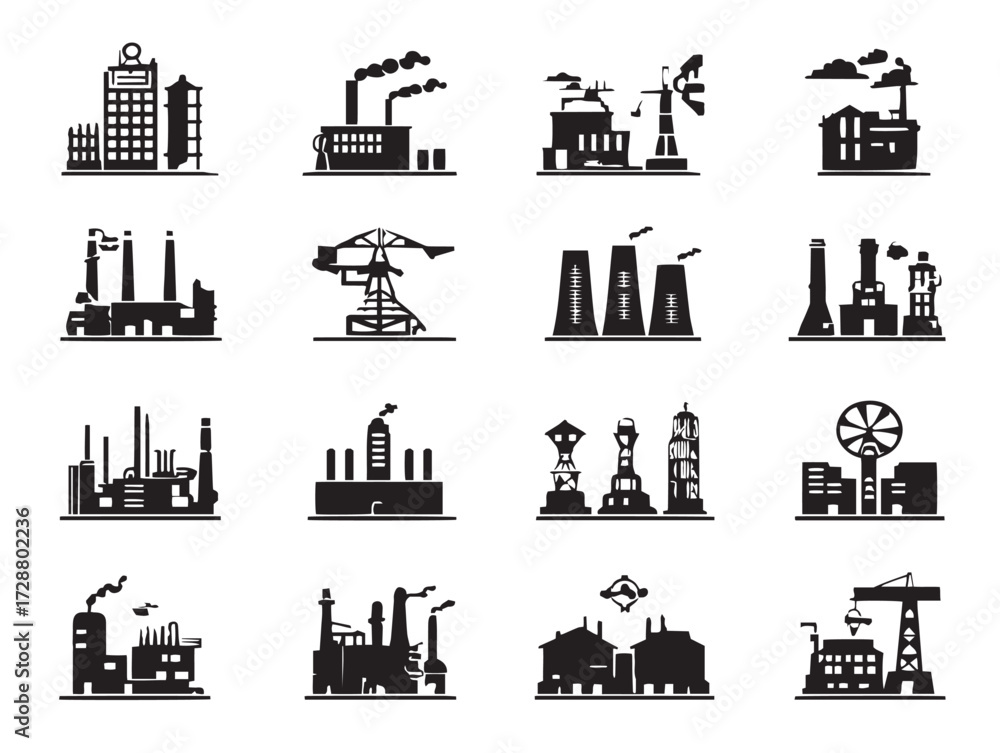 Fototapeta premium Industry silhouette icon vector illustration solid black industrial production and machinery