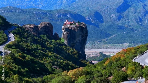 Aerial View of Meteora Monasteries Perched on Towering Rock Formations