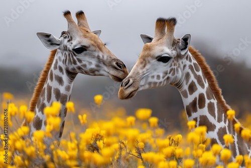 Wallpaper Mural Two giraffes showing affection to each other while standing in a field of yellow flowers, embodying love and tranquility in nature. Torontodigital.ca