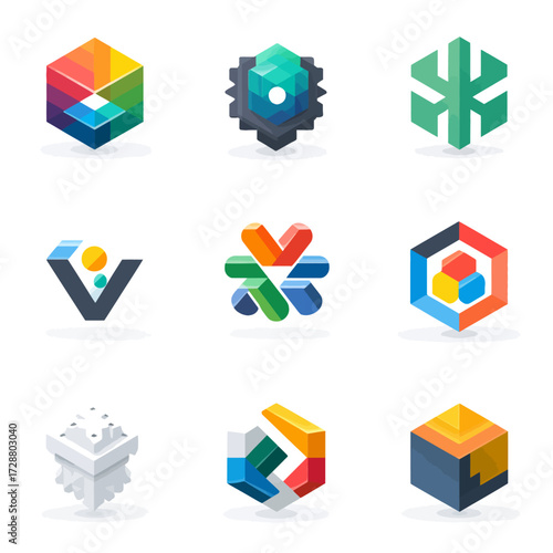 Set of nine abstract, colorful, 3D geometric logos