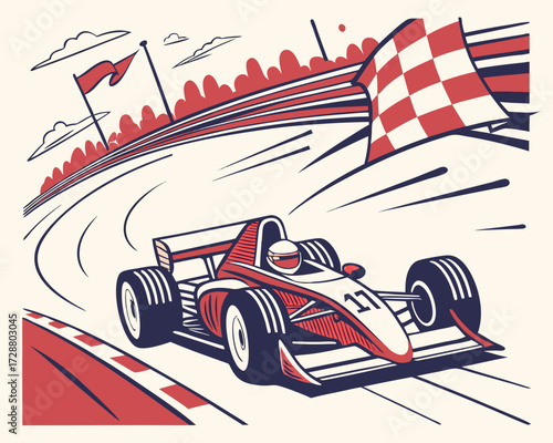 Racing car on a track with dynamic speed lines, checkered flags, tire smoke, and a cheering crowd in the stadium seats.