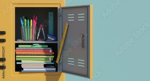 School Locker Essentials: This image captures a meticulously arranged array of school supplies within a vibrant yellow locker, embodying preparation and organizational skills in a cheerful setting.