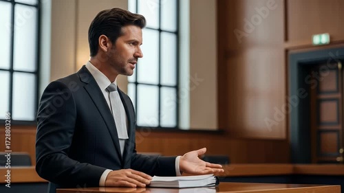 Serious Man in Formal Attire Addressing a Jury in a Courthouse Setting