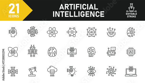 Artificial intelligence line icon set. Set of 21 outline icons related to AI, artificial intelligence, virtual assistant, robotic, generative AI and others. Editable stroke. Vector illustration.