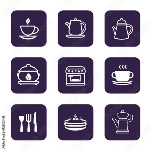 Nine simple, outlined icons of kitchen and dining essentials on a dark purple background