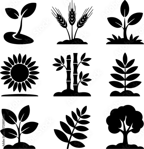 A diverse collection of black silhouette plant icons showing growth, agriculture, and nature