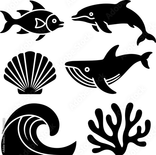 Oceanic Wonders A Vector Silhouette Set of Marine Life and Natural Elements