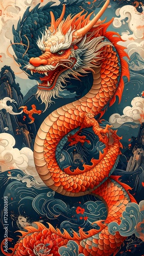 Fierce oriental dragon amidst clouds and waves