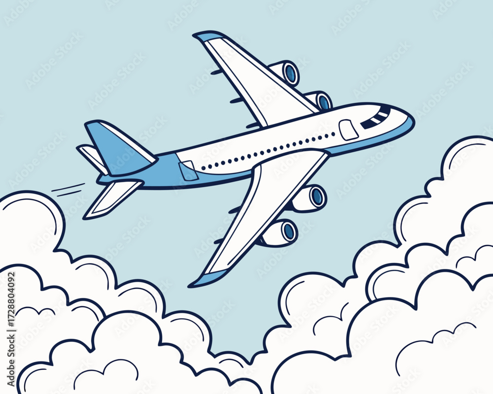 Naklejka premium Passenger airplane in white and blue colors flying high above fluffy clouds with a clear bright sky and sunlight reflecting on the wings.
