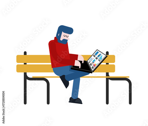 man sitting on a bench with a laptop. Symbol of freelance, mobile office, remote work, and modern digital lifestyle.