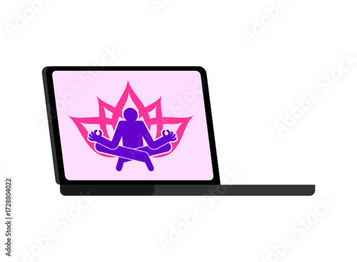 laptop with yoga online logo. Symbol of digital wellness, remote fitness, meditation, and healthy lifestyle.
