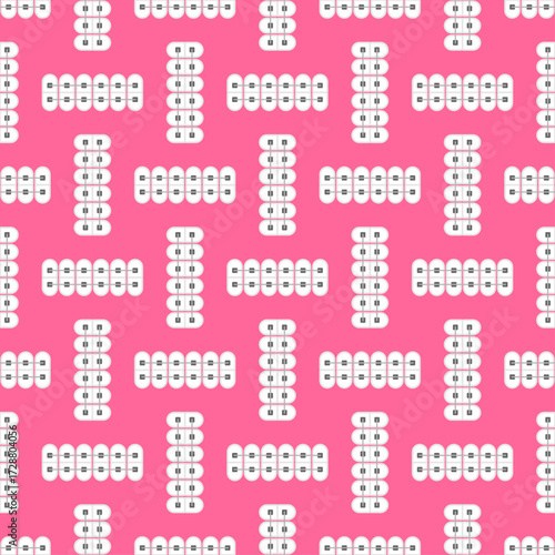 Seamless pattern of teeth with braces on a soft pink background. Perfect for orthodontics, dental care, medical designs, and modern healthcare visuals.