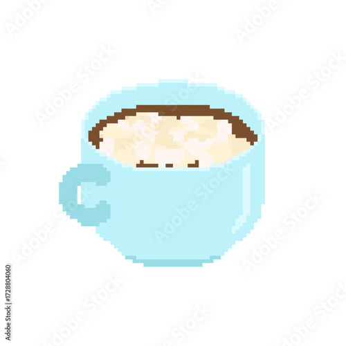Pixel art cup of hot cocoa with marshmallows on top. Perfect for retro games, winter holidays, cozy drinks, and digital nostalgic design.