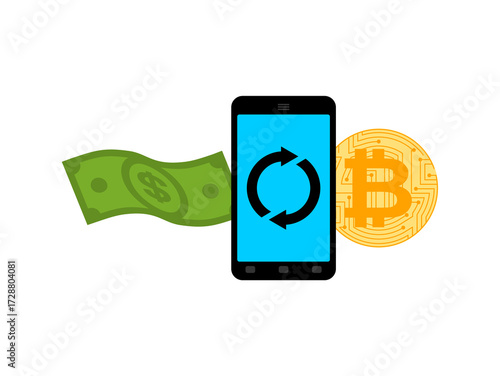 Smartphone with currency exchange icon, bitcoin coin, and cash bills, symbolizing mobile finance, cryptocurrency trading, and digital payment technology.
