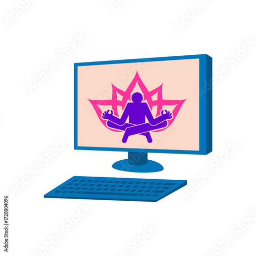 Computer with yoga. Computer screen showing a person in yoga pose, symbolizing online wellness, digital meditation, remote health practices, and modern balance between work and relaxation.